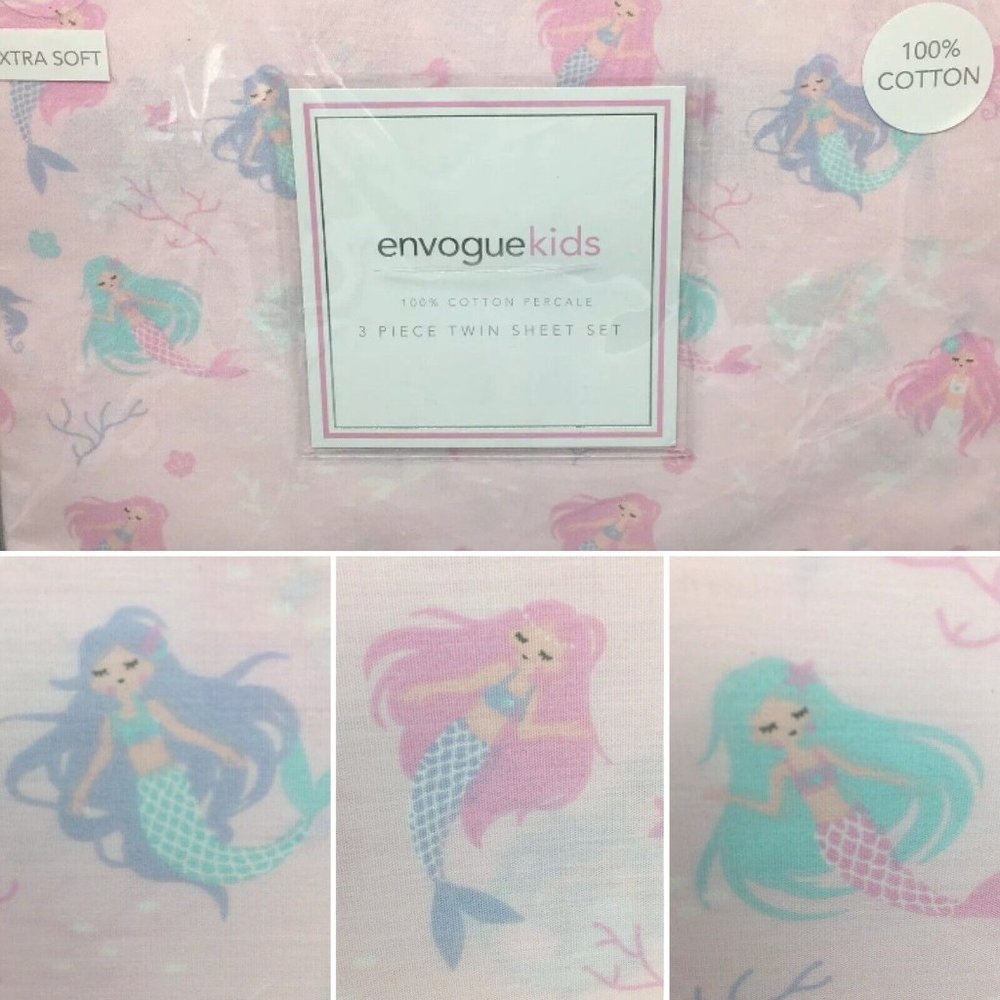 3pc Envogue Kids Mermaids TWIN Sheet Seahorse Starfish Pink Lavender Turquoise